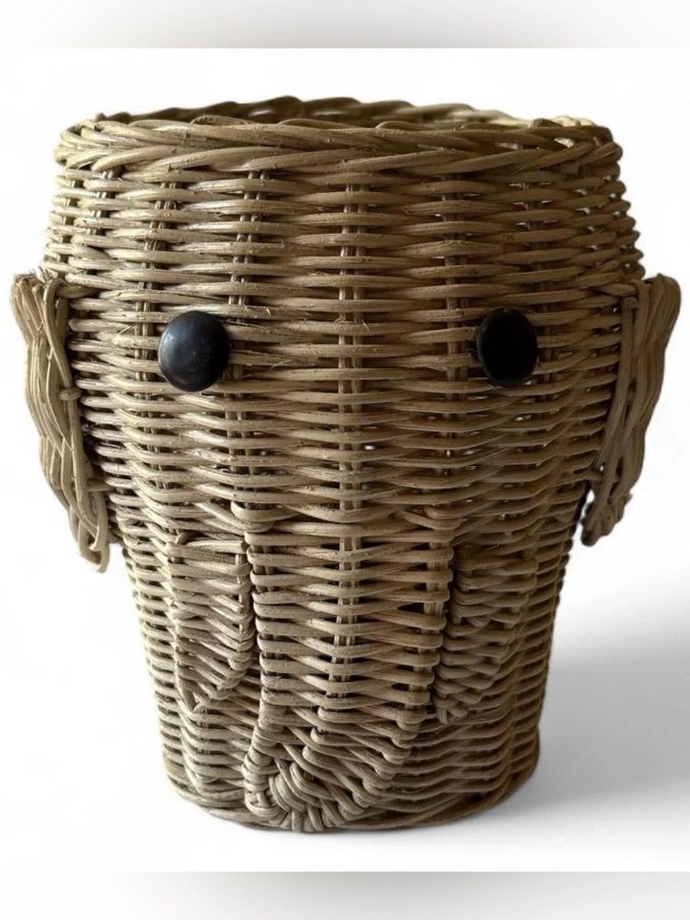Woven Rattan Elephant Basket - Natural Beige with Dark Button Eyes